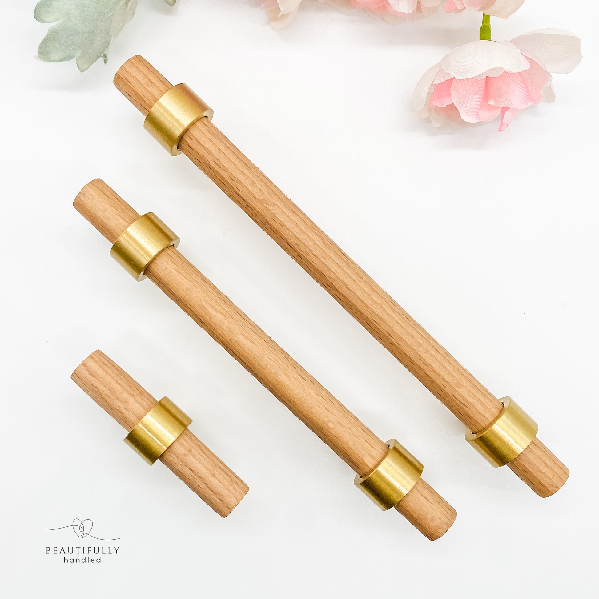 beech timber handles with brass clasps