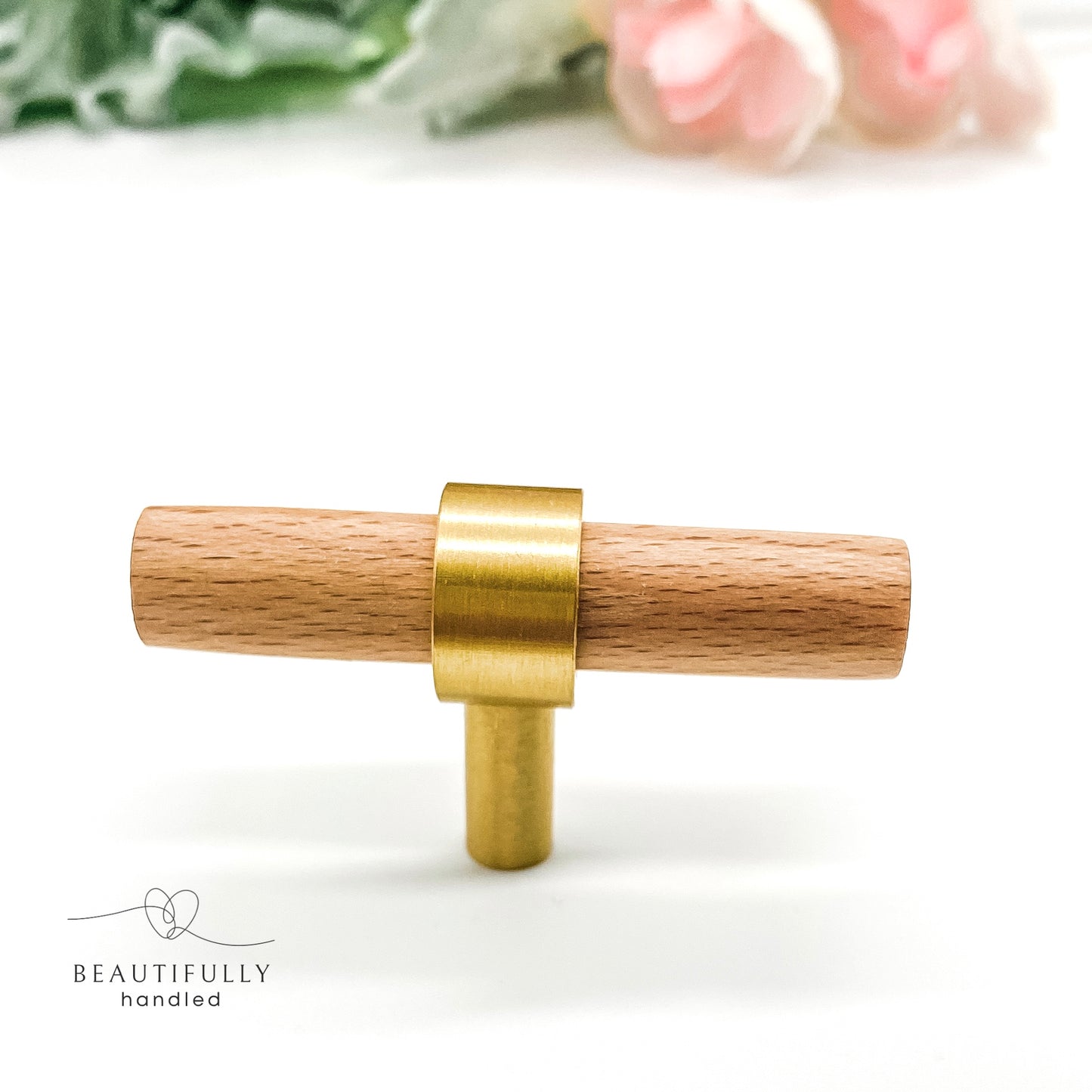 small timber drawer handle with brass clasp