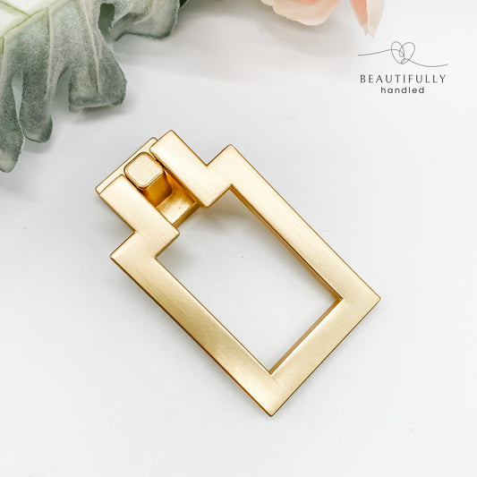 Large brushed gold rectangular drop ring-pull