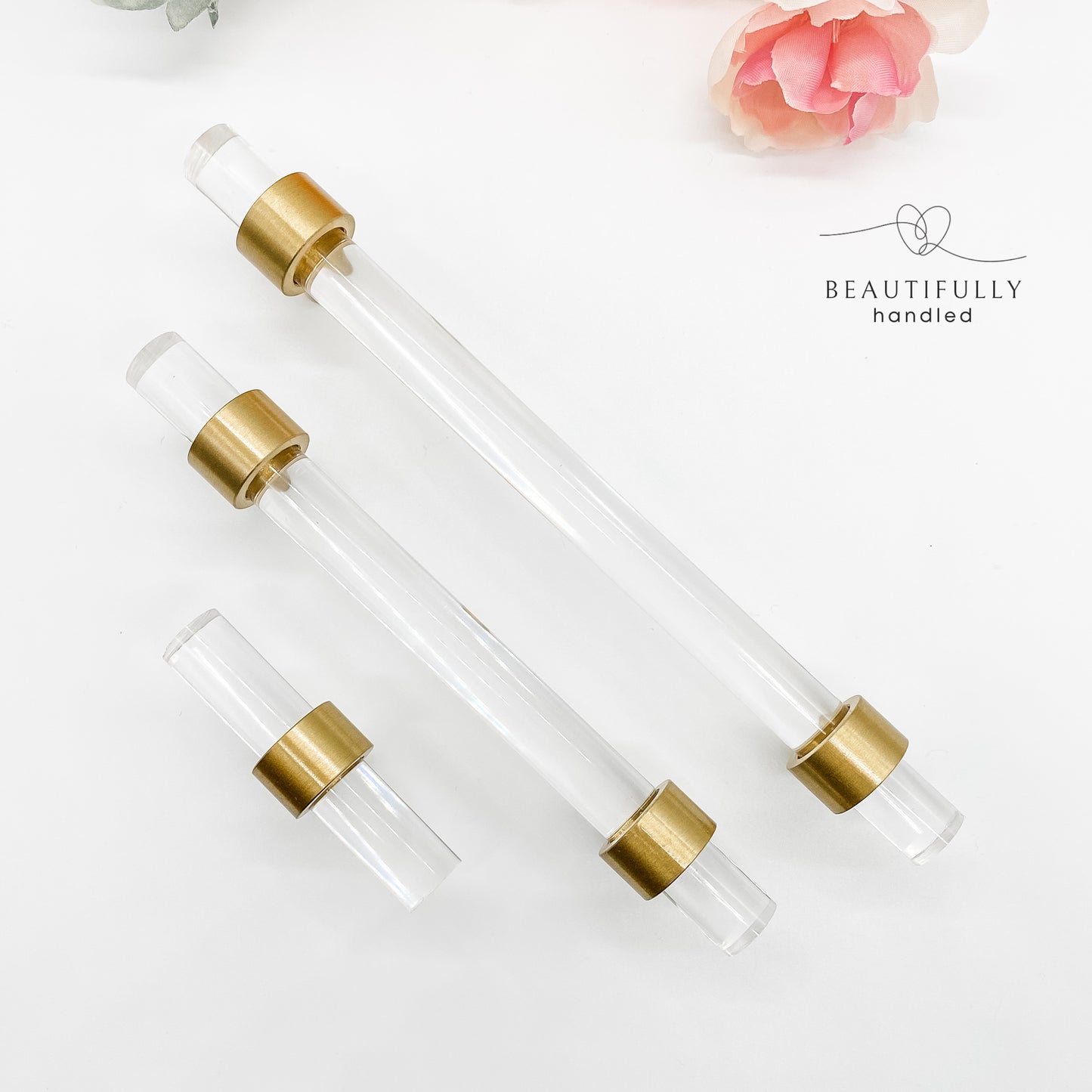 3 sizes of clear acrylic drawer handles with brass feet