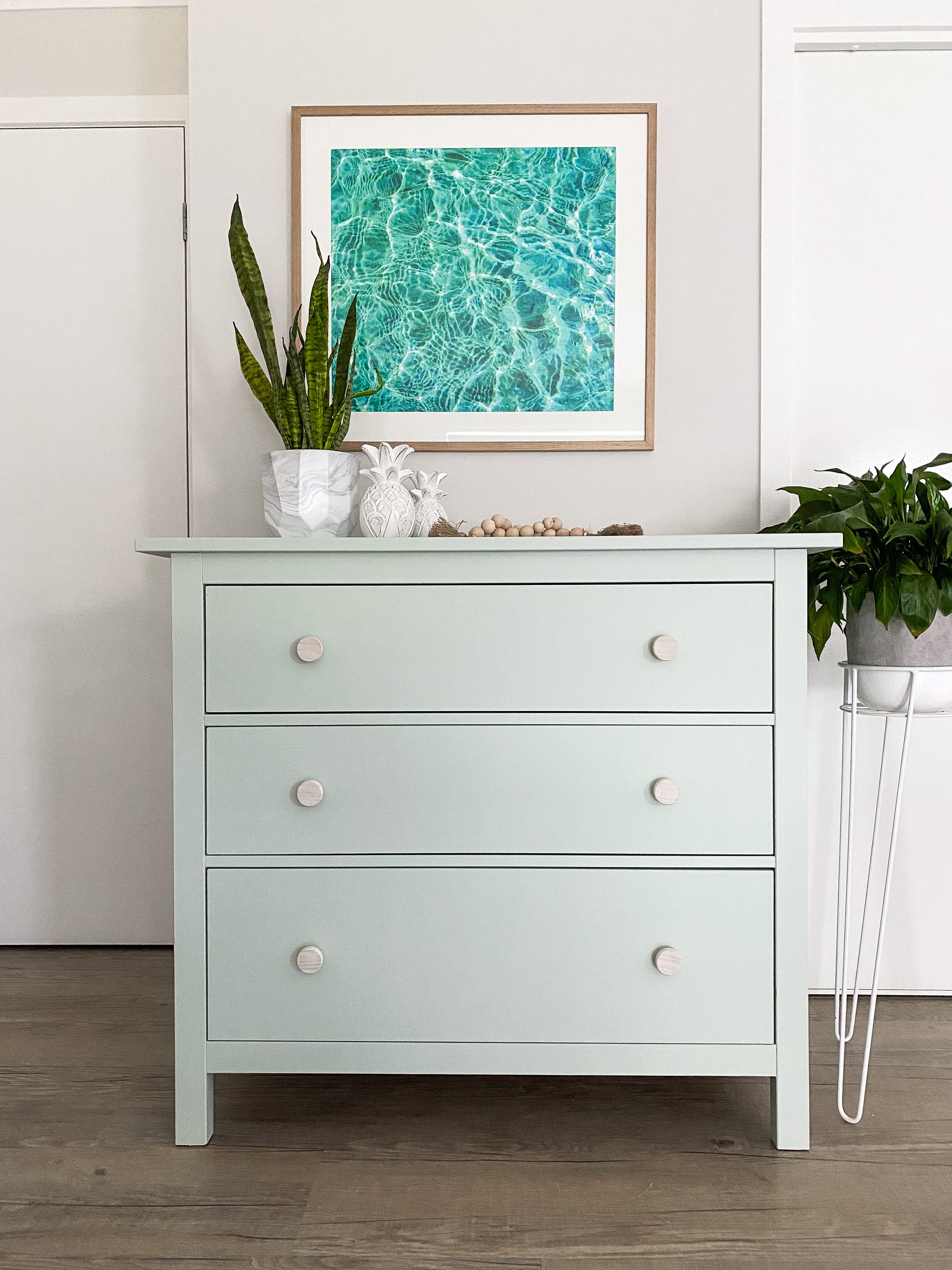 ikea hemnes upcylcled dresser drawers in soft green with raw unfinished wooden drawer knobs