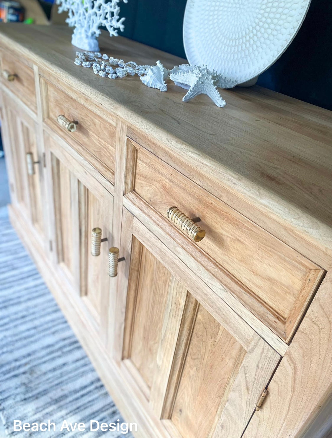 coastal timber sideboard sanded back to raw with beautiful rattan t bar handles