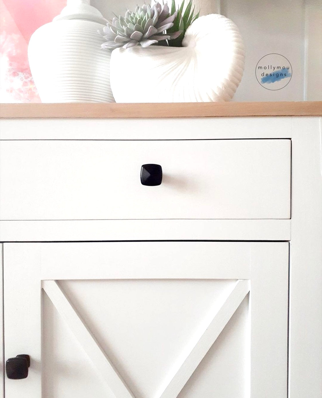 beautiful white buffet hamptons style with square black drawer knobs 