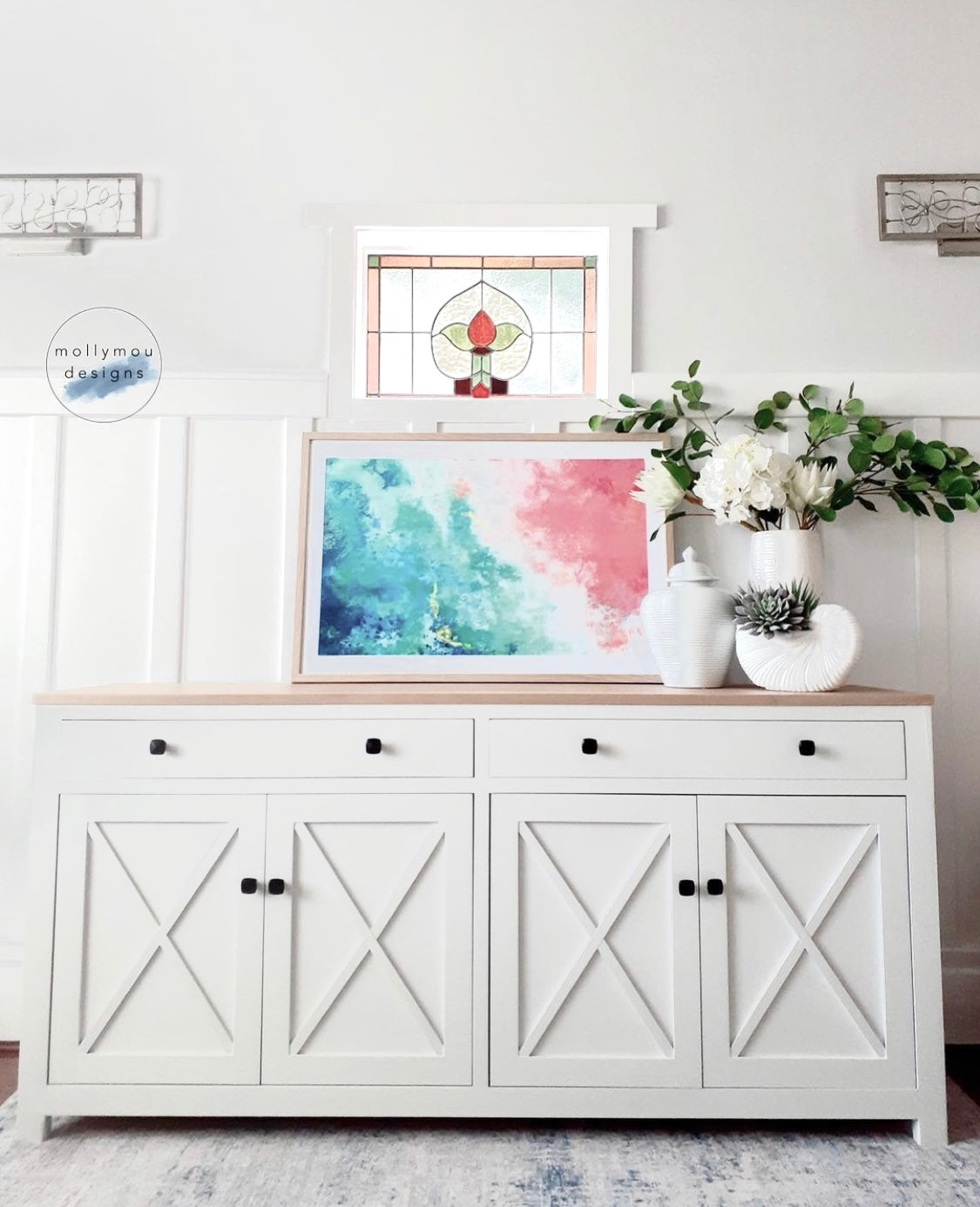 beautiful white buffet hamptons style upcycled furniturewith square black drawer knobs 