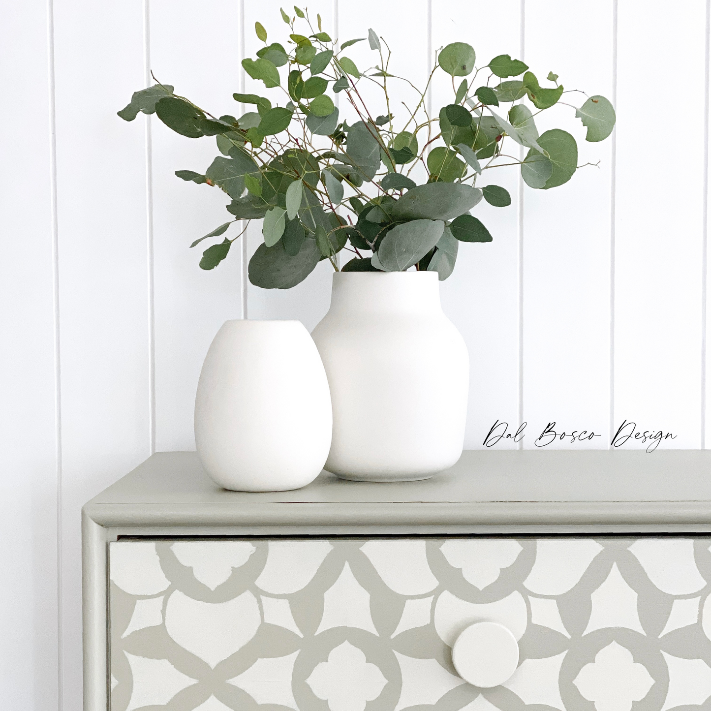  mid century chest of drawers upcyled painted in eucalytpus green and stencilled with raw wooden drawer knobs