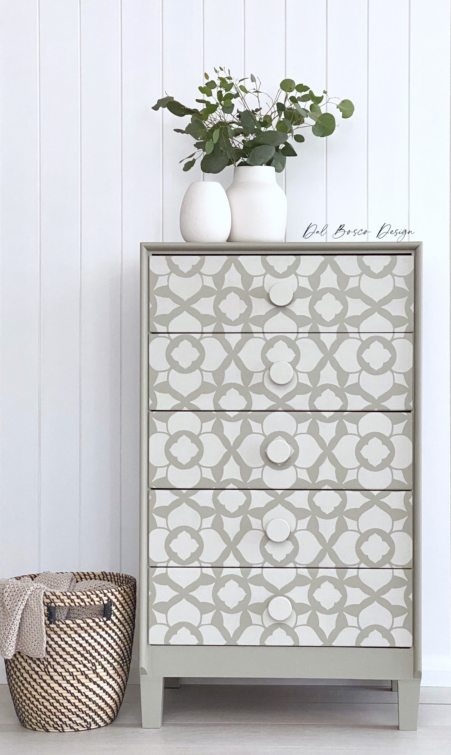  mid century chest of drawers upcyled painted in eucalytpus green and stencilled with raw wooden drawer knobs