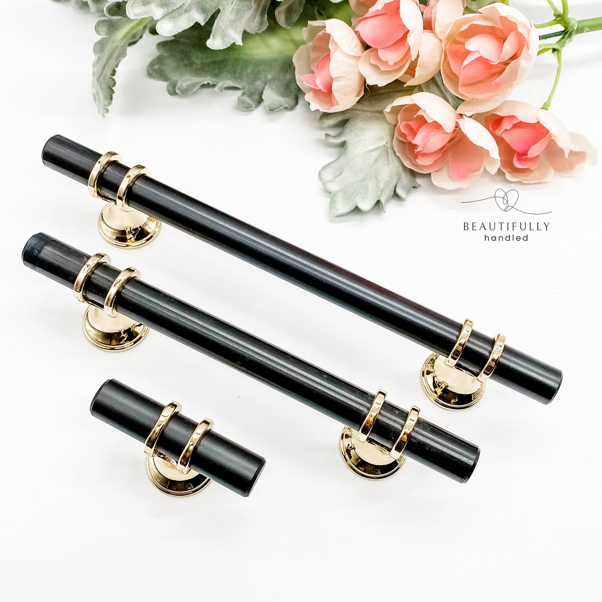 black and gold drawer handle in 3 sizes - t bar, 96mm and 128mm sizes