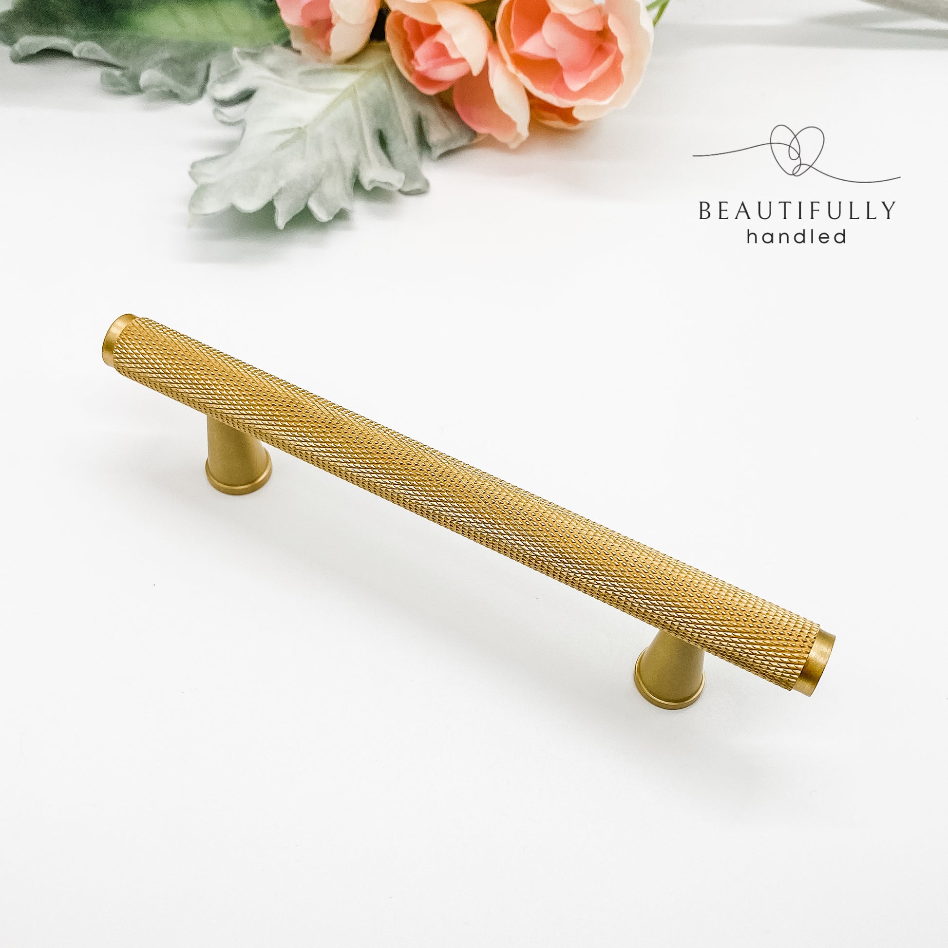 96mm solid brass knurled kitchen drawer handle on plain white background
