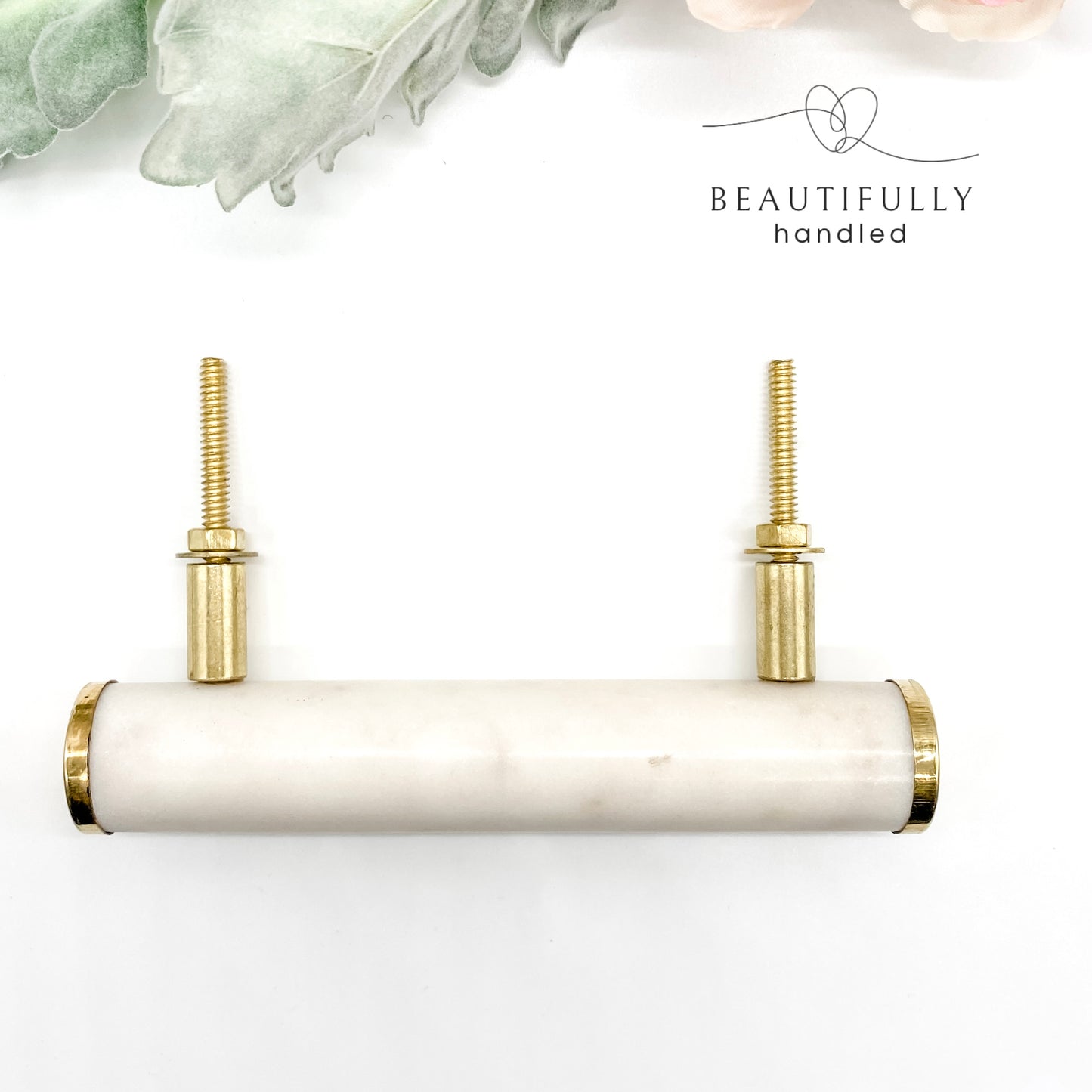 Elegant Long Round White Marble and Brass Handle